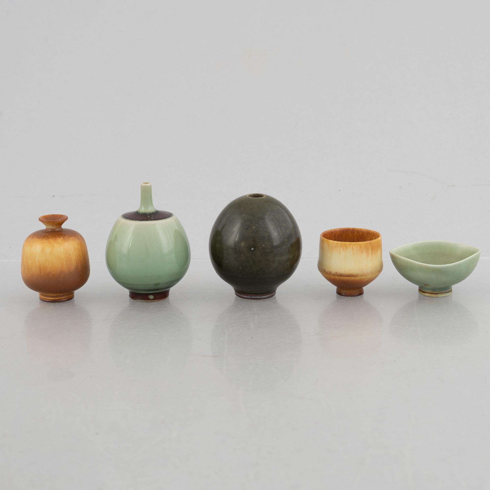 Berndt Friberg, a set of five stoneware miniatures, Gustavsberg Studio.