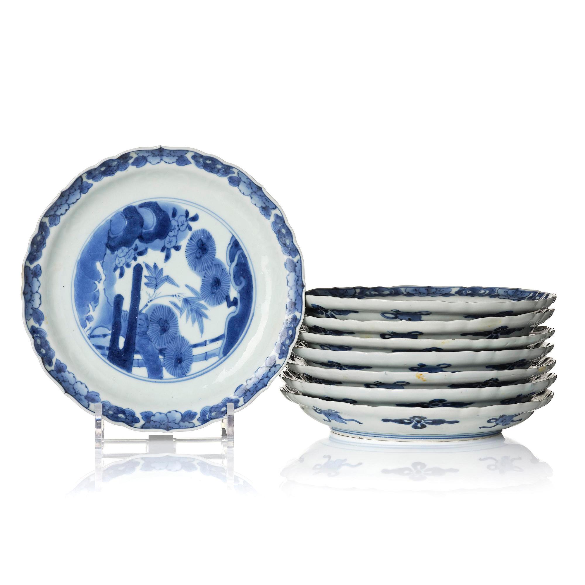 A group of eight blue and white Japanese plates, Meiji period (1868-1912).