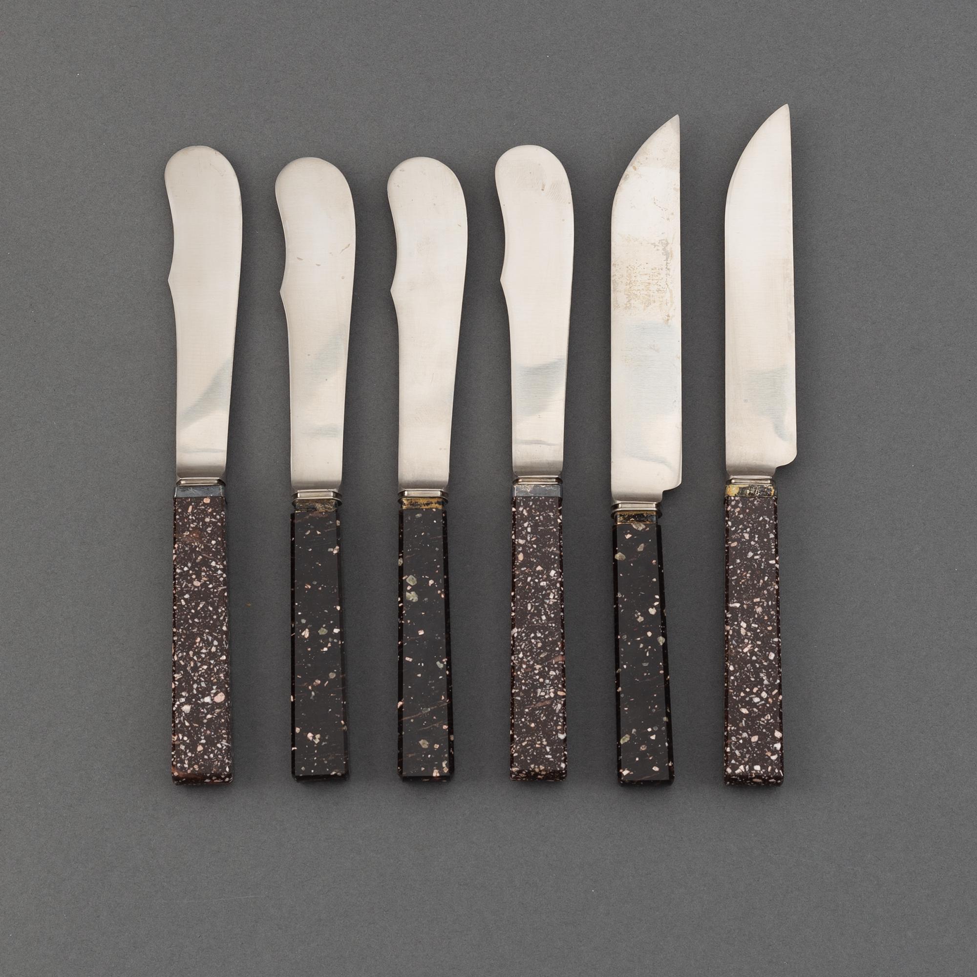 Six knivex with pophyry handles, from  E. Jernmanuf. Aktiebolag, Eskilstuna,