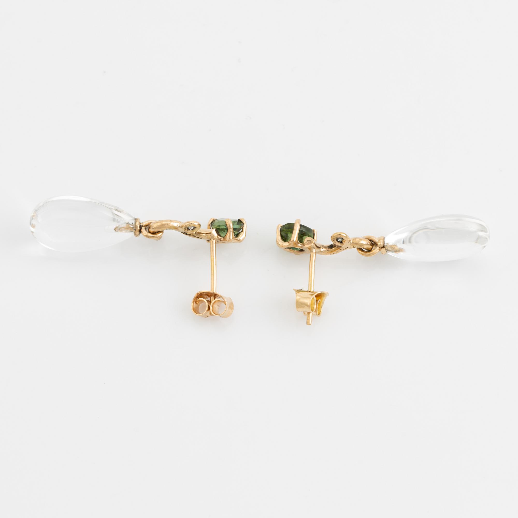 Pear shaped rock crystal, green tourmaline and eight cut diamond earrings.