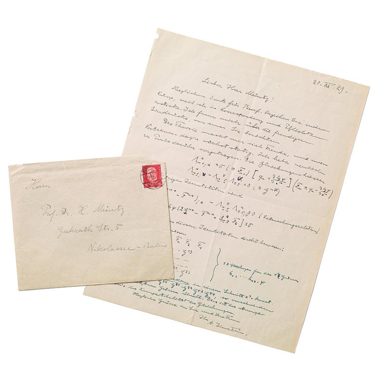 ALBERT EINSTEIN, Autograph letter with mathematical equations, signed "A. Einstein" and dated 20.XI.29. with envelope.