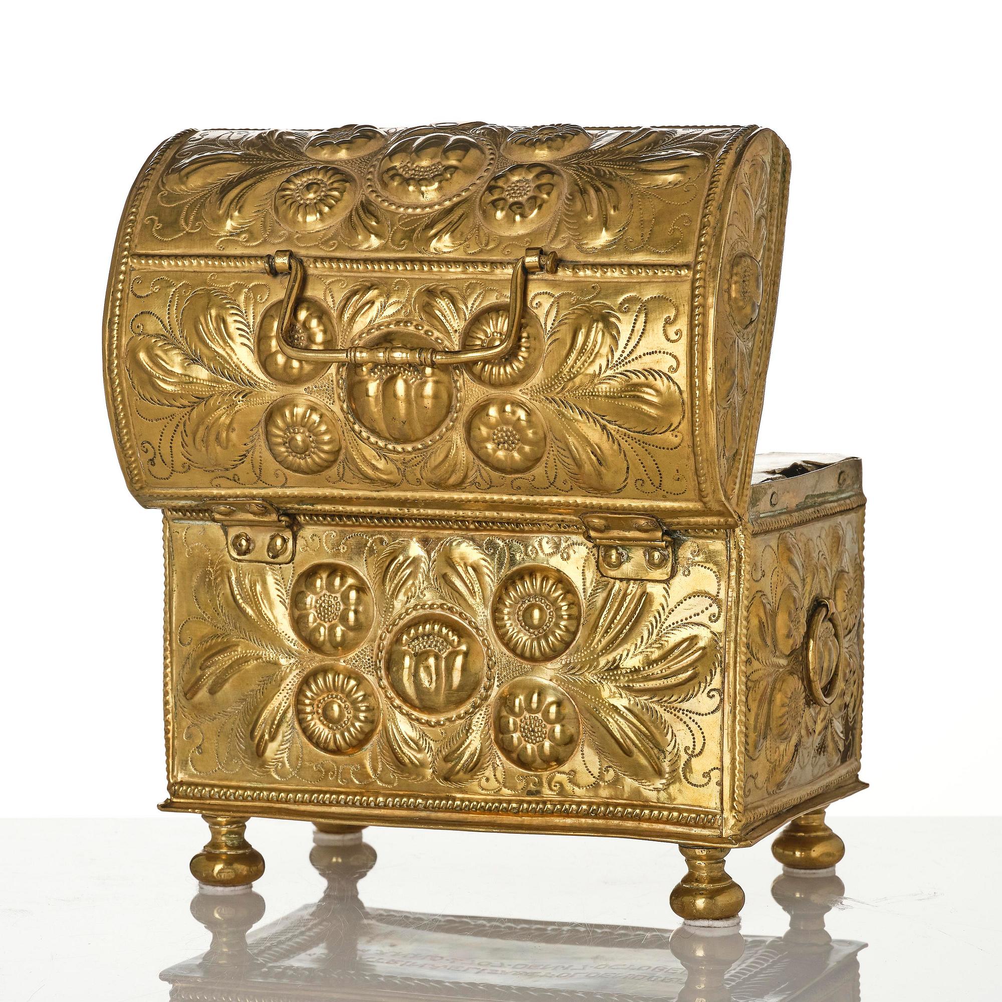 A Swedish baroque repousse brass box, dated 1707.
