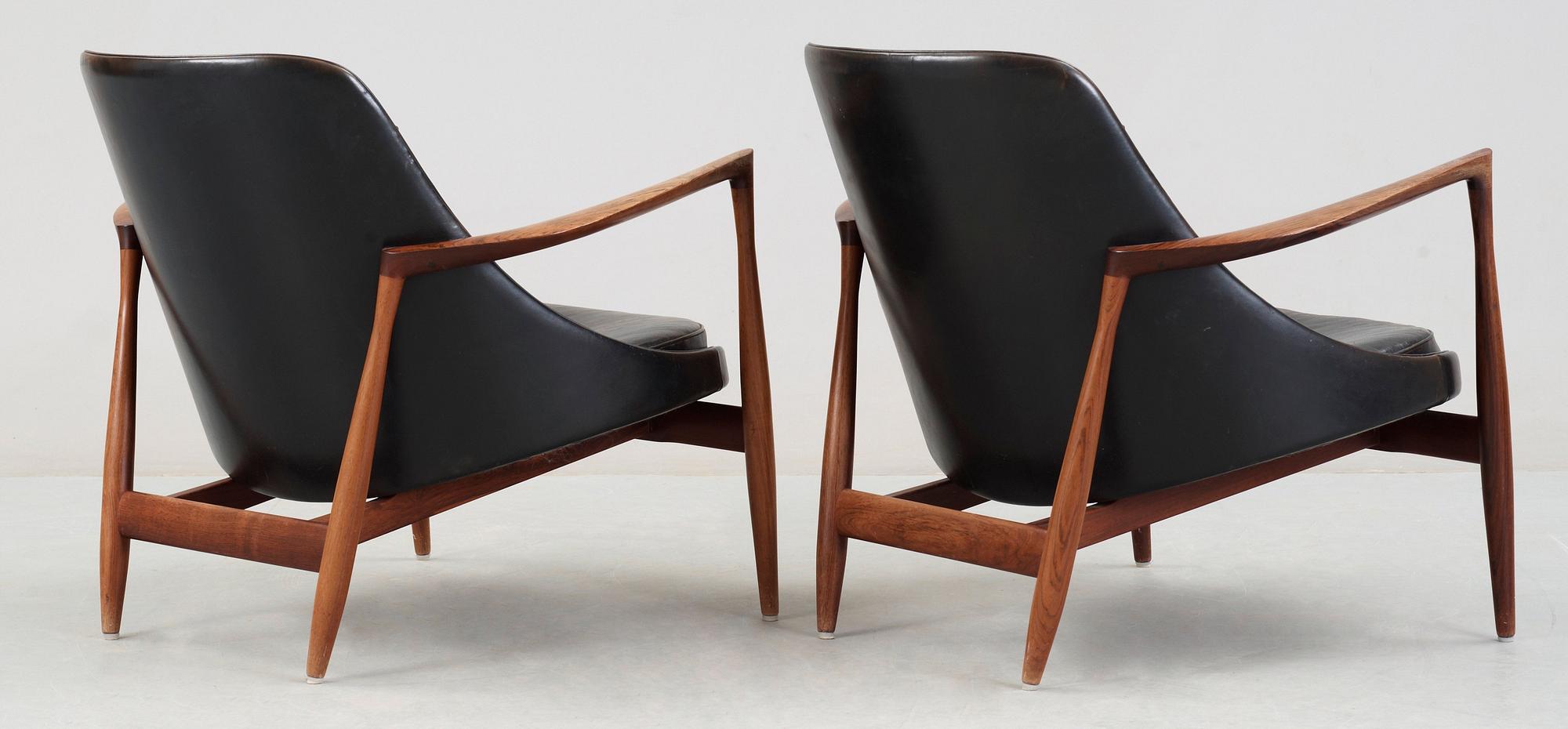 A pair of Ib Kofod Larsen palisander and black leather 'Elisabeth' easy chairs, Christensen & Larsen, Denmark 1950-60's.