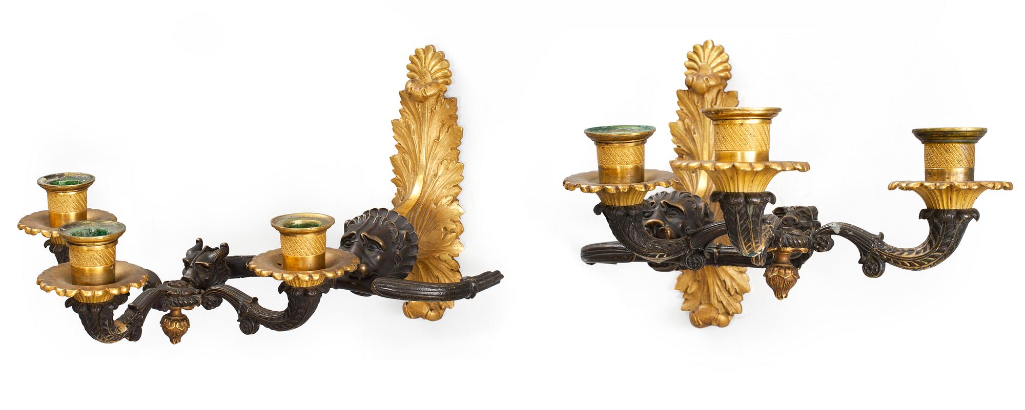 APPLIQUER, för tre ljus, ett par. Frankrike, 1800-talets första hälft. Senempire.