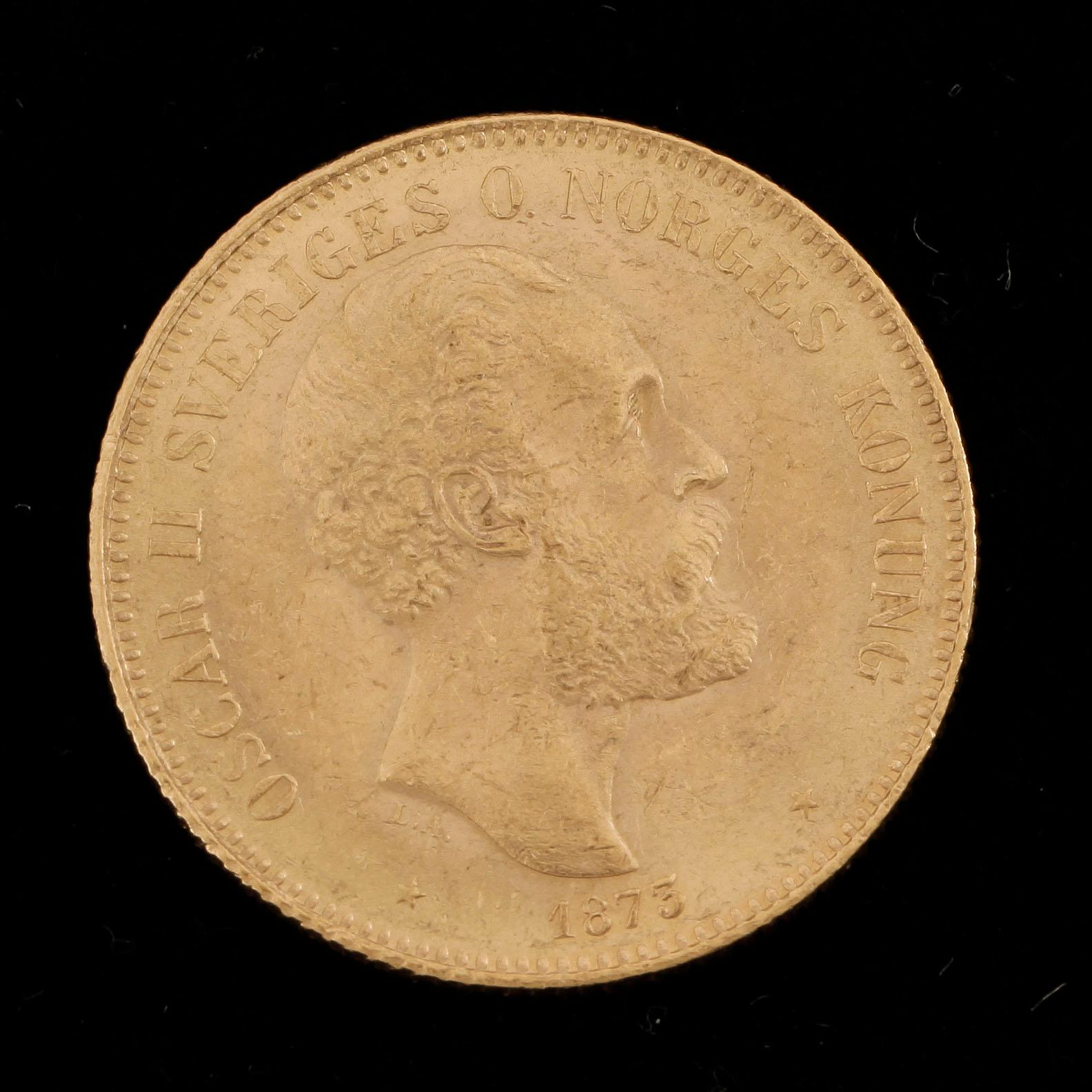 GULDMYNT, 20 Kronor, Oscar II, Sverige-Norge 1873. Vikt ca 8 gram.