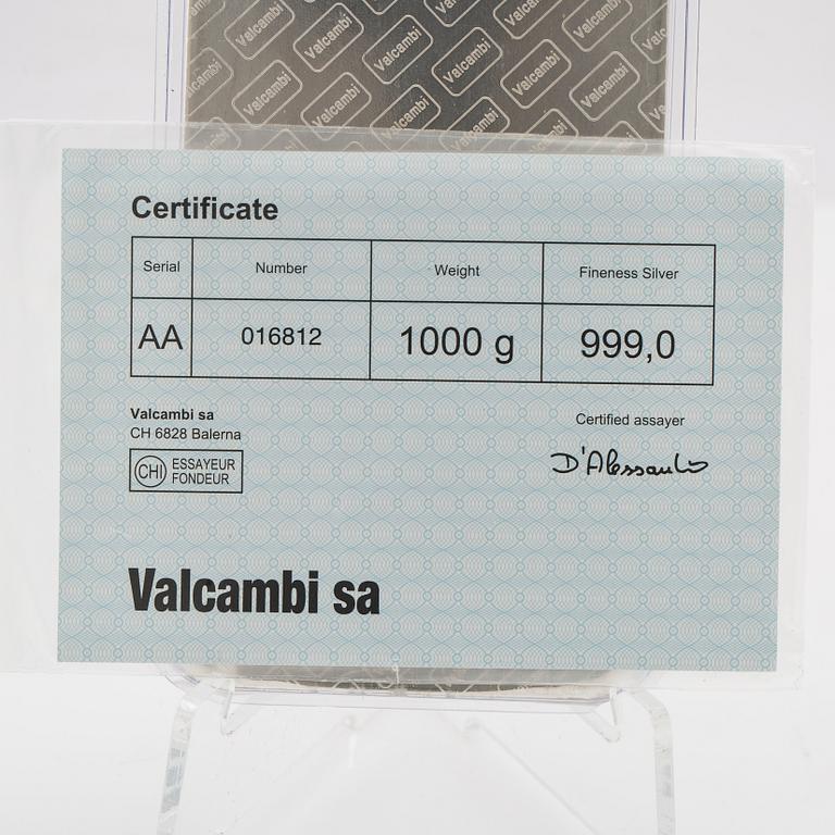 Silver bar 1kg 999 Valcambi Suisse.