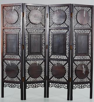 A four panel screen with porcelain placques, Qing dynasty, 19th Century.