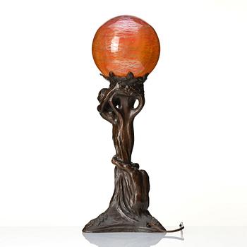 Alice Nordin, a 'Night and Morning' patinated bronze table lamp, Herman Bergman Konstgjuteri, Stockholm, early 1900s.