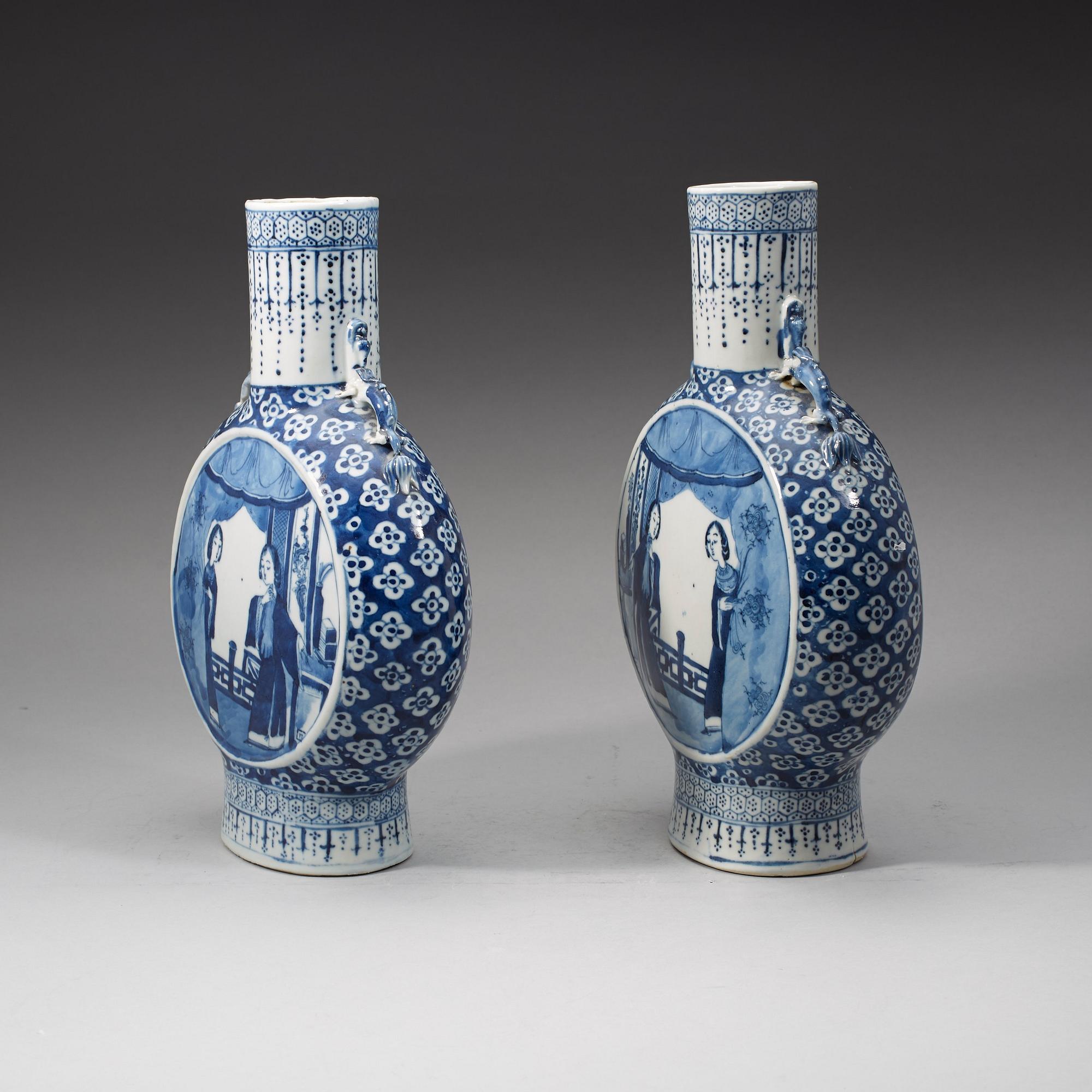 A pair of blue and white moon flasks, Qing dynasty, Qianlong (1736-95).