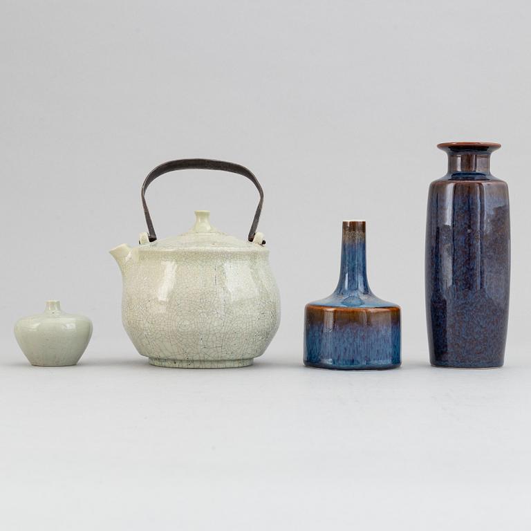 Carl-Harry Stålhane, a stoneware teapot and a set of three vases, Rörstrand, second half of the 20th Century.