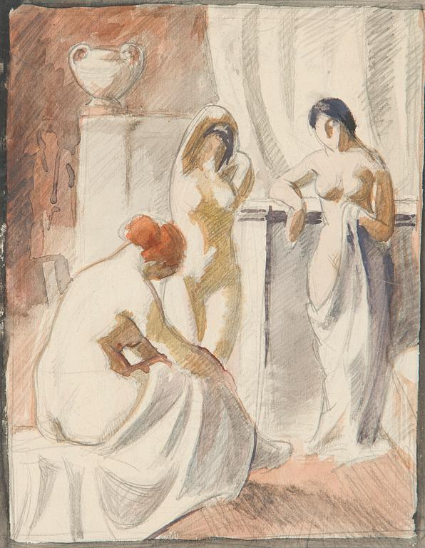 Santeri Salokivi, En grupp nakenmodeller med Urna, 2 st, samt urna från Konstnärens hem.