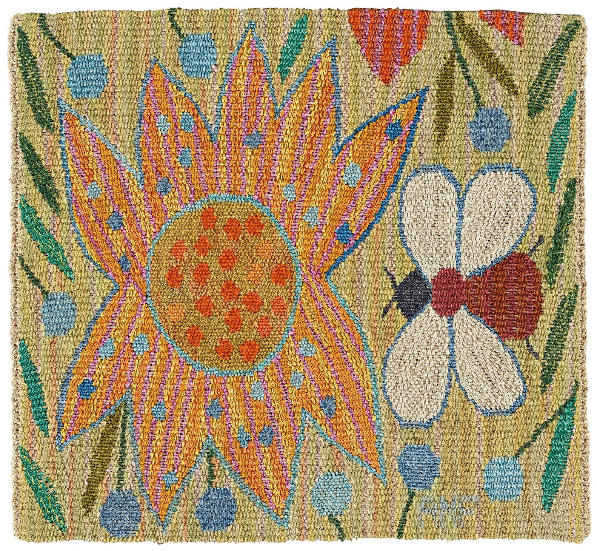 Ann-Mari Forsberg, vävnad, "Bilöpare", gobelängvariant, ca 27,5 x 30 cm, signerad AMF, inramad (med ram ca 44 x 43,5 cm).