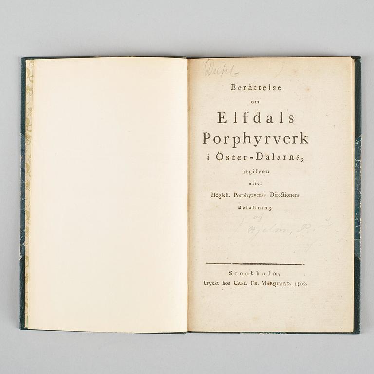 Book. Hjelm P. J., Berättelse... (The history of the Swedish porphyry factory), C. F. Marquard, Stockholm 1802.