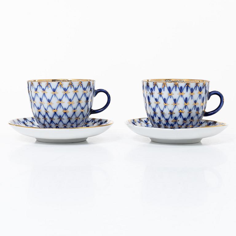 Tweleve coffee cups and saucers, 'Cobalt Net', Lomonosov.