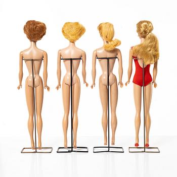 Barbie dolls, 4 pcs, along with clothes and accessories, Mattel, 1960s.