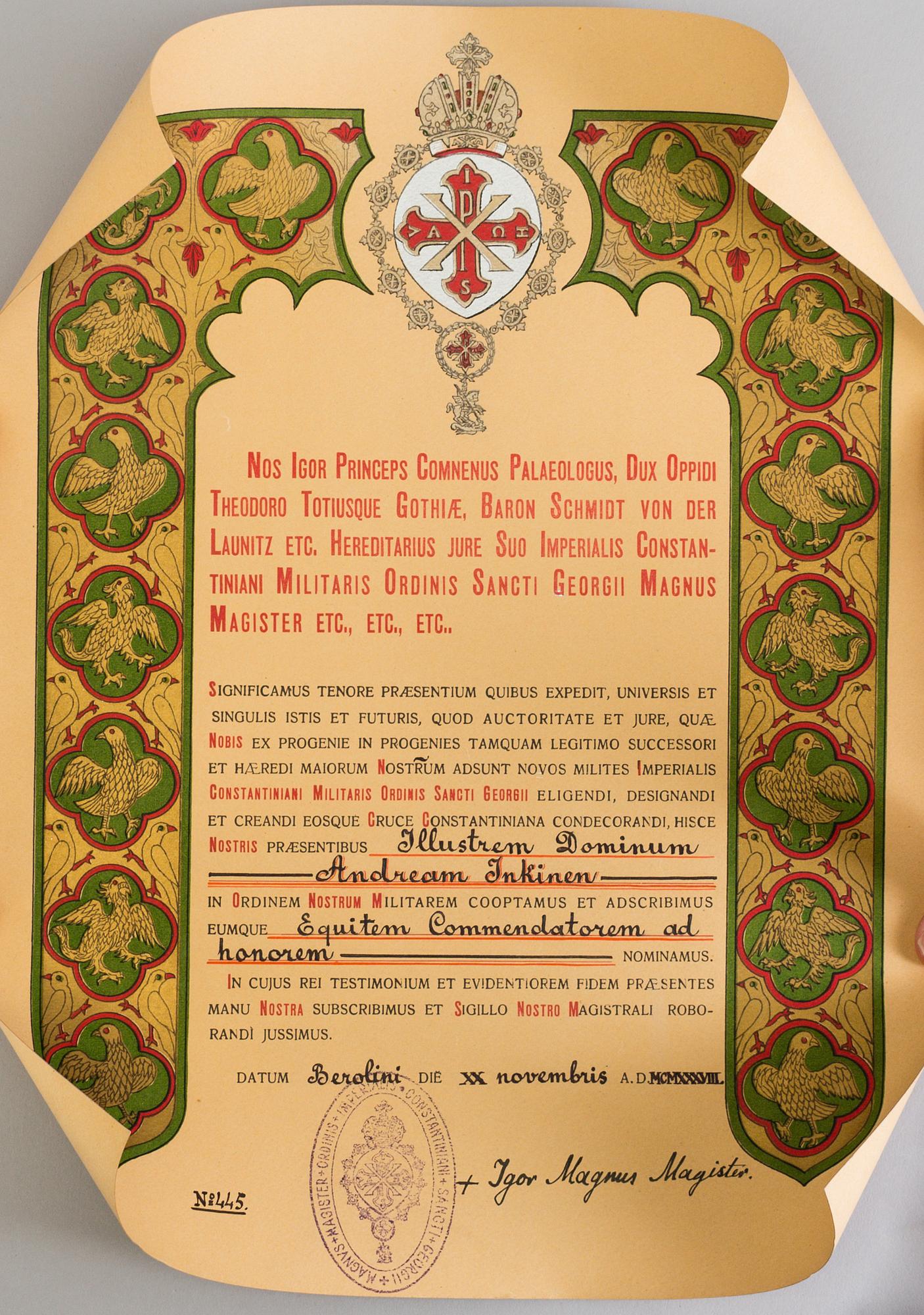 THE SACRED MILITARY CONSTANTINIAN ORDER OF SAINT GEORGE 4 orders 20th century.