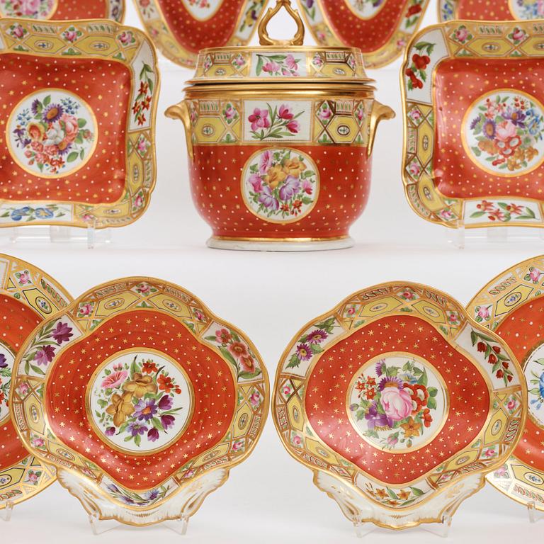 A part Copeland coral ground dessert service, England, circa 1800. (38 pieces).