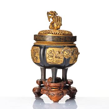 A gilt copper alloy censer with pierced cover, late Ming dynasty / early Qing dynasty.