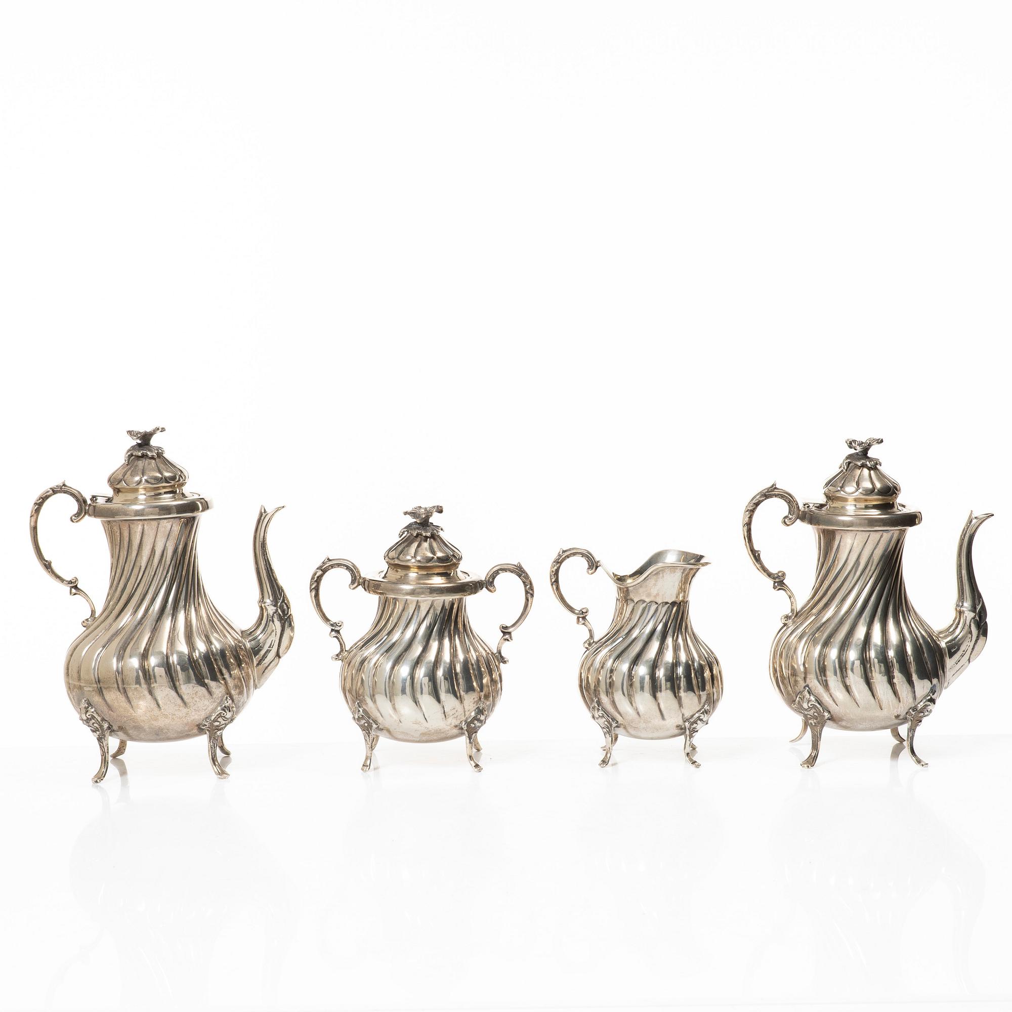 Tea/coffee service, 4 pieces, silver, Rococo style, 20th century.