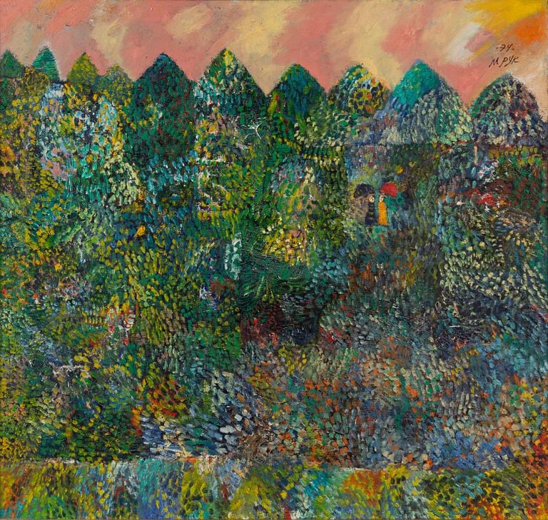 Madeleine Pyk, Lush landscape with figures walking.