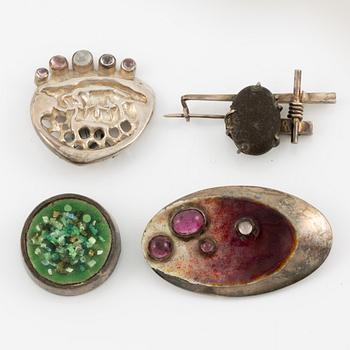 Lars Arby, four brooches, sterling silver and enamel stones, Gothenburg 1963, 1964 and 1971.