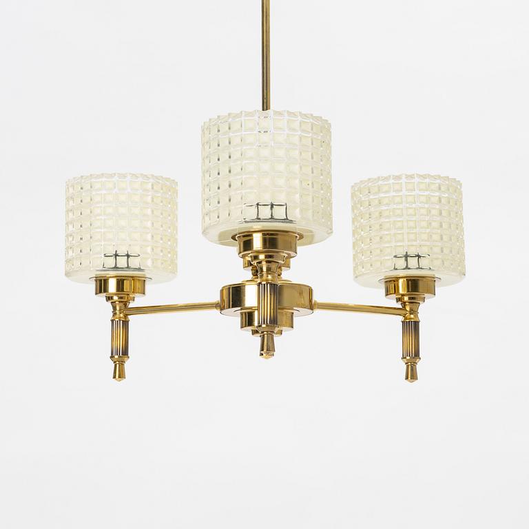 A brass and glass ceiling lamp, second part of the 20th Century.