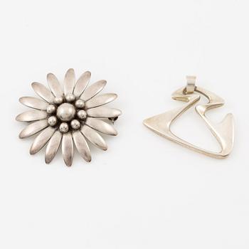 Henning Koppel, pendant 'Amoeba' silver for Georg Jensen, and brooch, silver ASA, Asa-Silver Tage Linde, Falkenberg 1956.