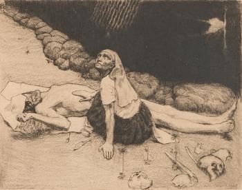 Akseli Gallen-Kallela, linjeetsning och torrnål, plåtsignerad och daterad 1905. Blyertssignerad med dedikation.