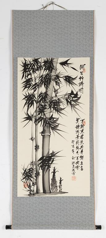 A Chinese scroll painting, ink on paper, signed 1993 by D Wang.