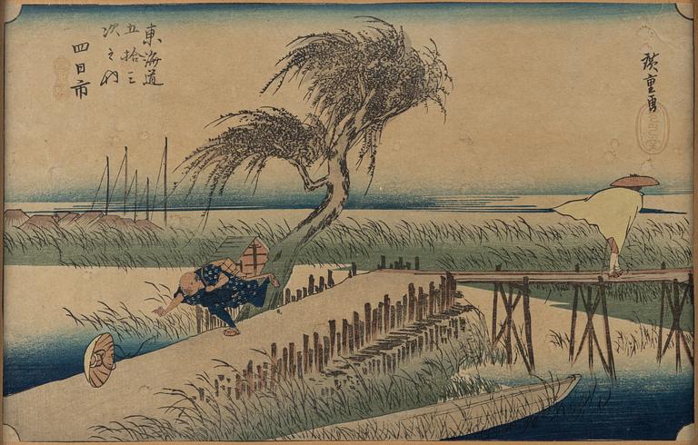 Ando Utagawa Hiroshige, efter, färgträsnitt, 3 st, Japan, tidigt 1900-tal.