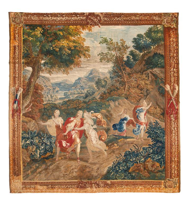 A tapestry, "Blind-man's-buff" tapestry weave, ca 349 x 333 cm, France, around 1700-first half of the 18th century.