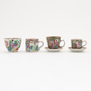 A group of four cups, two saucers and a bowl with cover, Canton, 19th century.