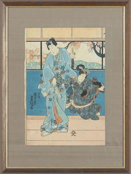 Utagawa Kunisada, a woodblock print triptych, 19th Century.