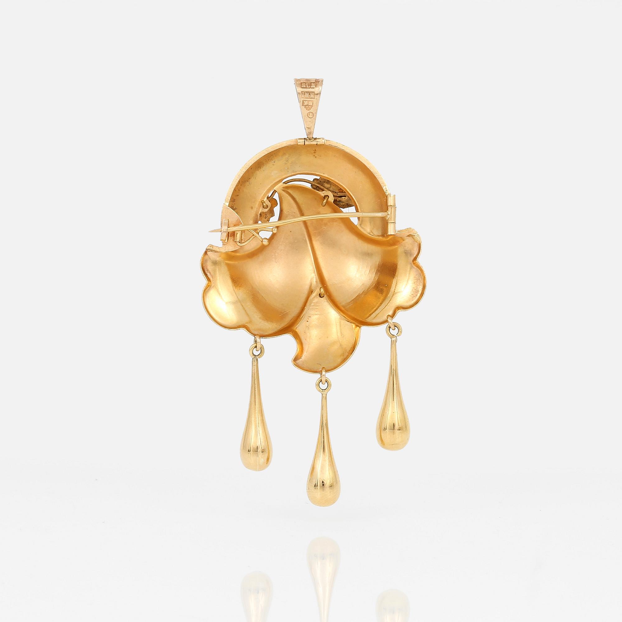 HÄNGE/BROSCH, 18K guld, otydliga stämplar, Stockholm, 1900-talets första hälft. Vikt ca 7g.