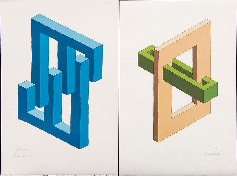 Oscar Reutersvärd, three color lithographs, signed 6/75, 36/75 & 5/90.