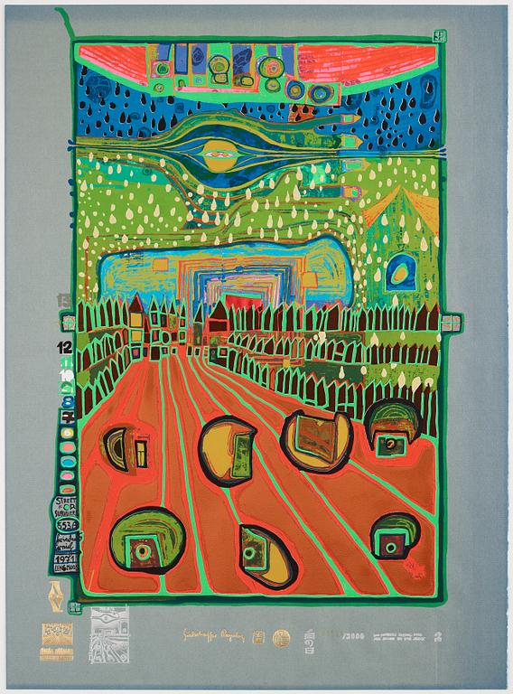 Friedensreich Hundertwasser, the complete portfolio comprising 10 silkscreens in colours with metallic imprints.