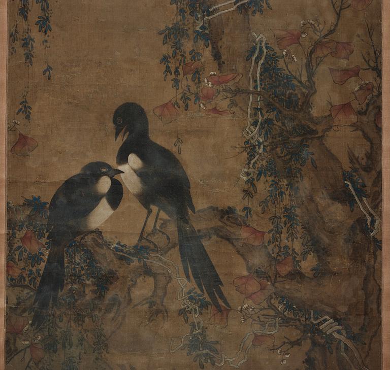 MÅLNING, okänd konstnär, motiv med skator. Qingdynastin, troligen 1700-tal.