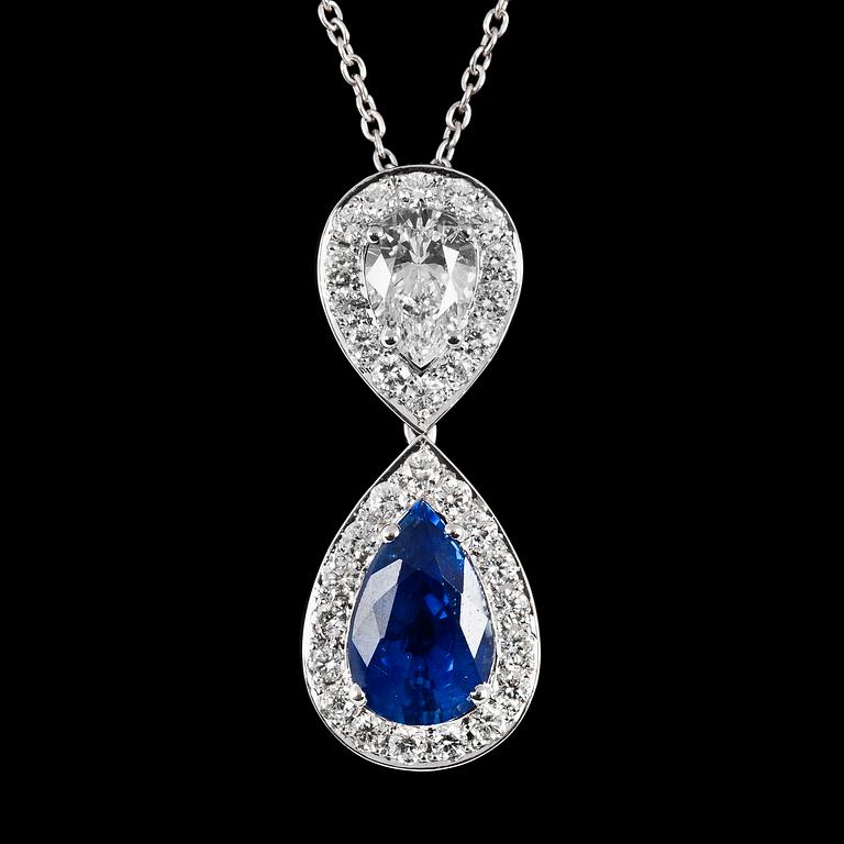 HÄNGSMYCKE/COLLIER, blå droppslipad safir, 3.60 ct, samt dropp- och briljantslipade diamanter, tot. ca 1.40 ct.