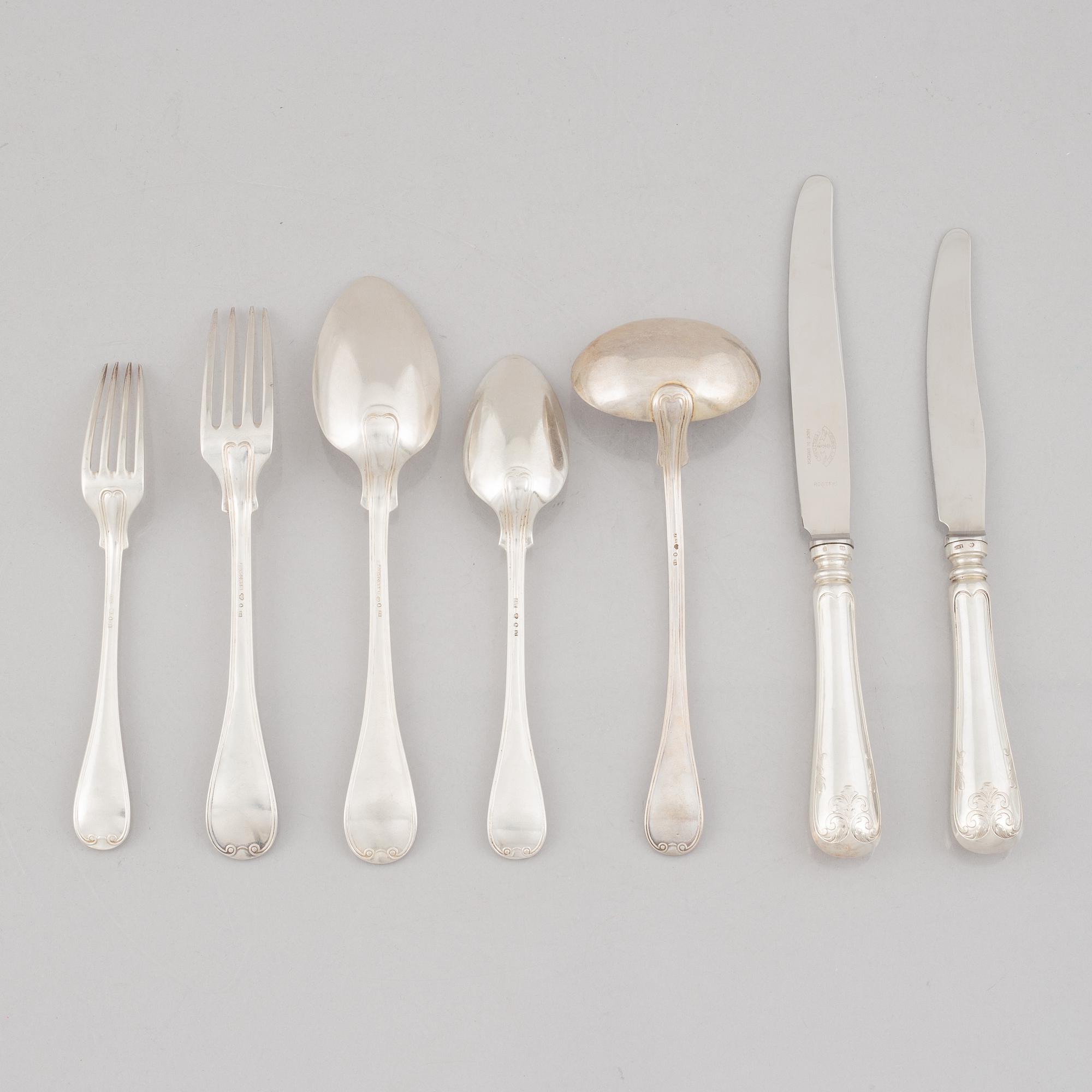 Jacob Engelberth Torsk, 62-pieces of "Gammal Fransk" silver flatwear, Stockholm, Sweden, 1902-1903.