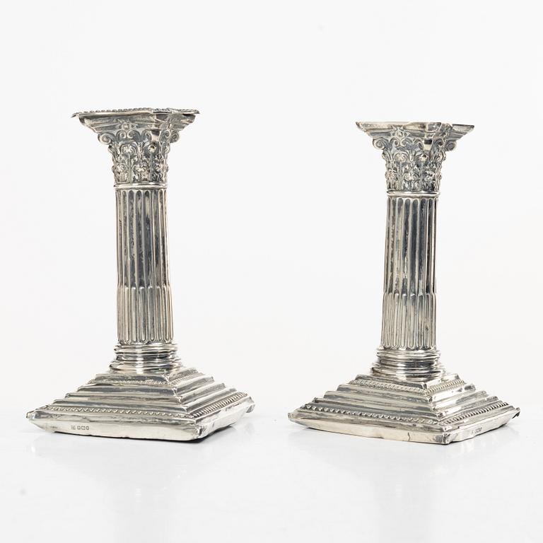 A pair of English silver column candlesticks, mark of Walter Latham & Son, Sheffield, 1910.