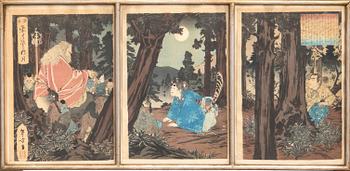 Toshikata Mizuno, woodcut print triptych, Japan Meji.