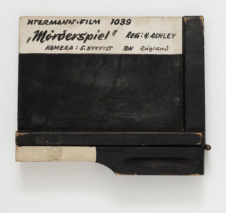 CLAPPER BOARD from the movie-making of the movie "Mörderspiel". Germany/France 1961. Director: Helmut Ashley.