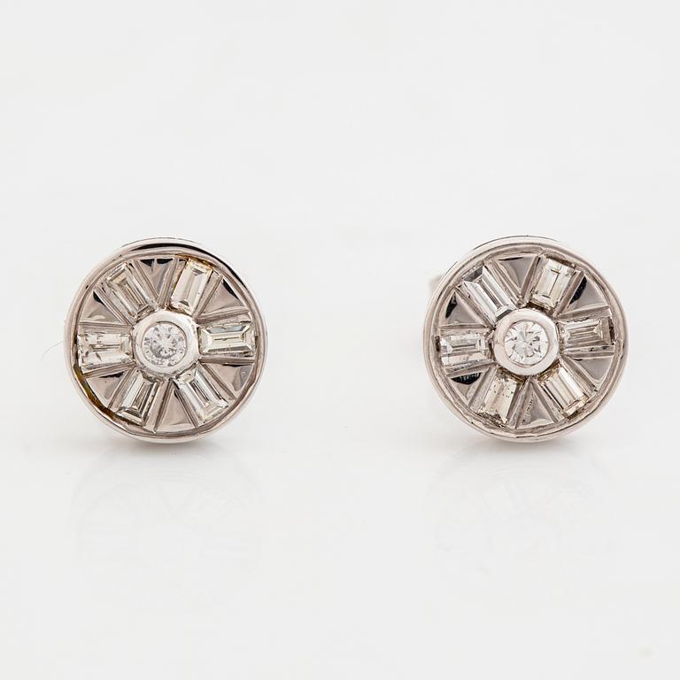 18K white gold, baguette and brilliant cut diamond earrings.