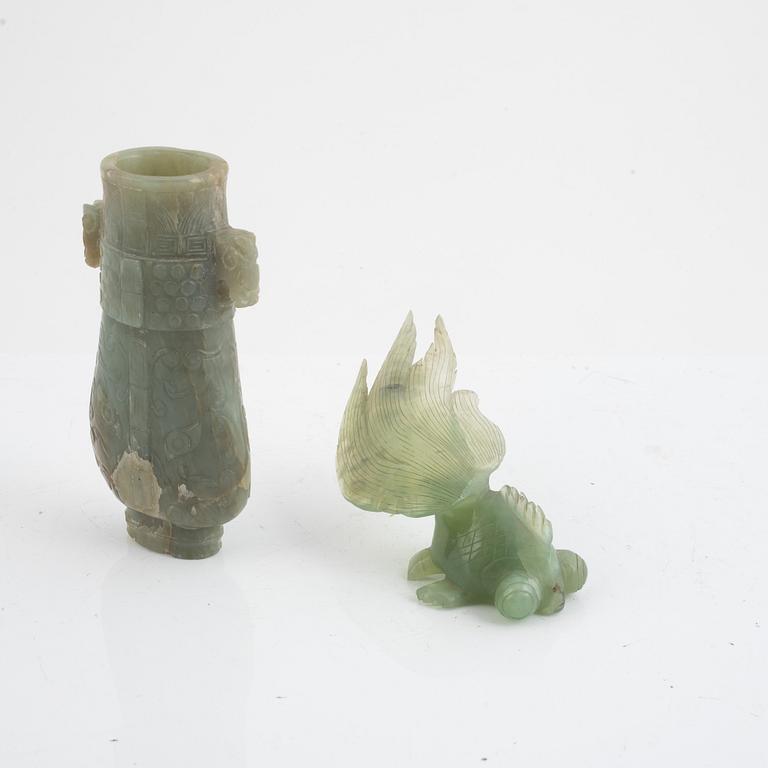 A Chinese archaic stone vase and a stone figure, 20th century.