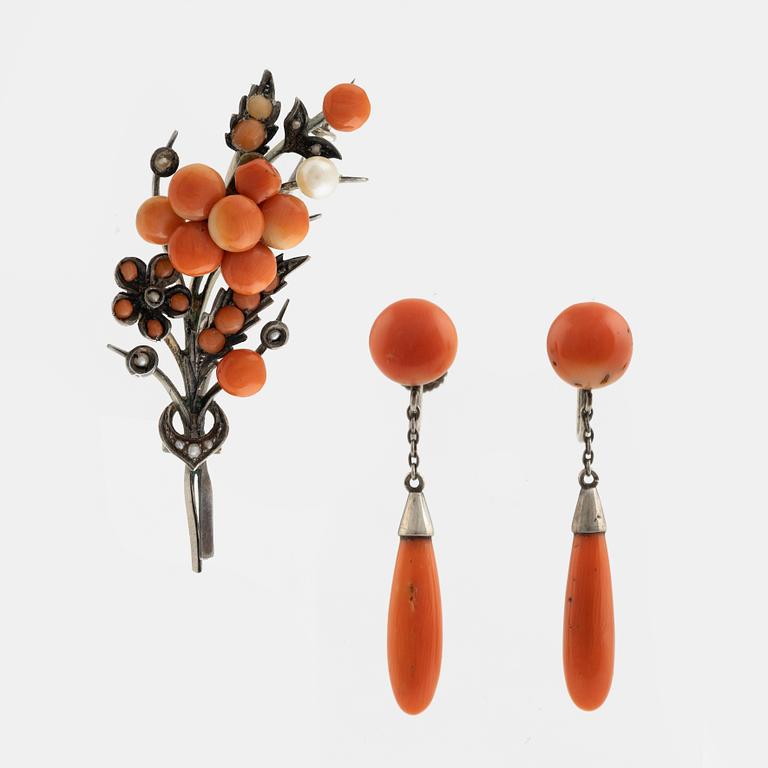 Silver and coral earrings and brooch.