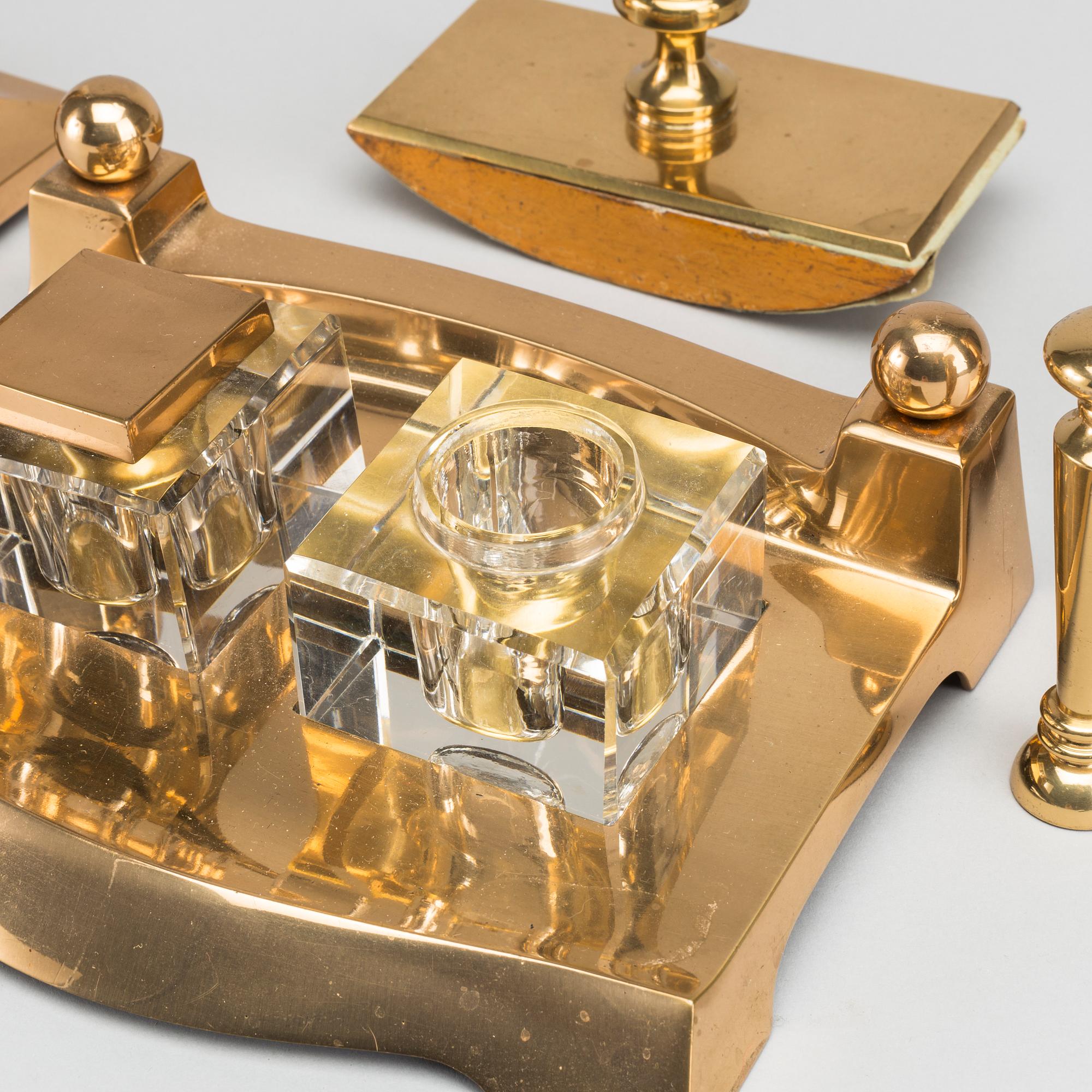 SIX PIECES BRASS INKWELL DESK SET, first half of the 20th century.