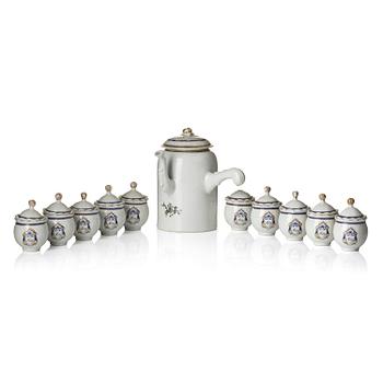 1124. A set of 10 'European Subject' custard cups with covers and a coffeepot with cover, Qing dynasty, Jiaqing (1796-1820).