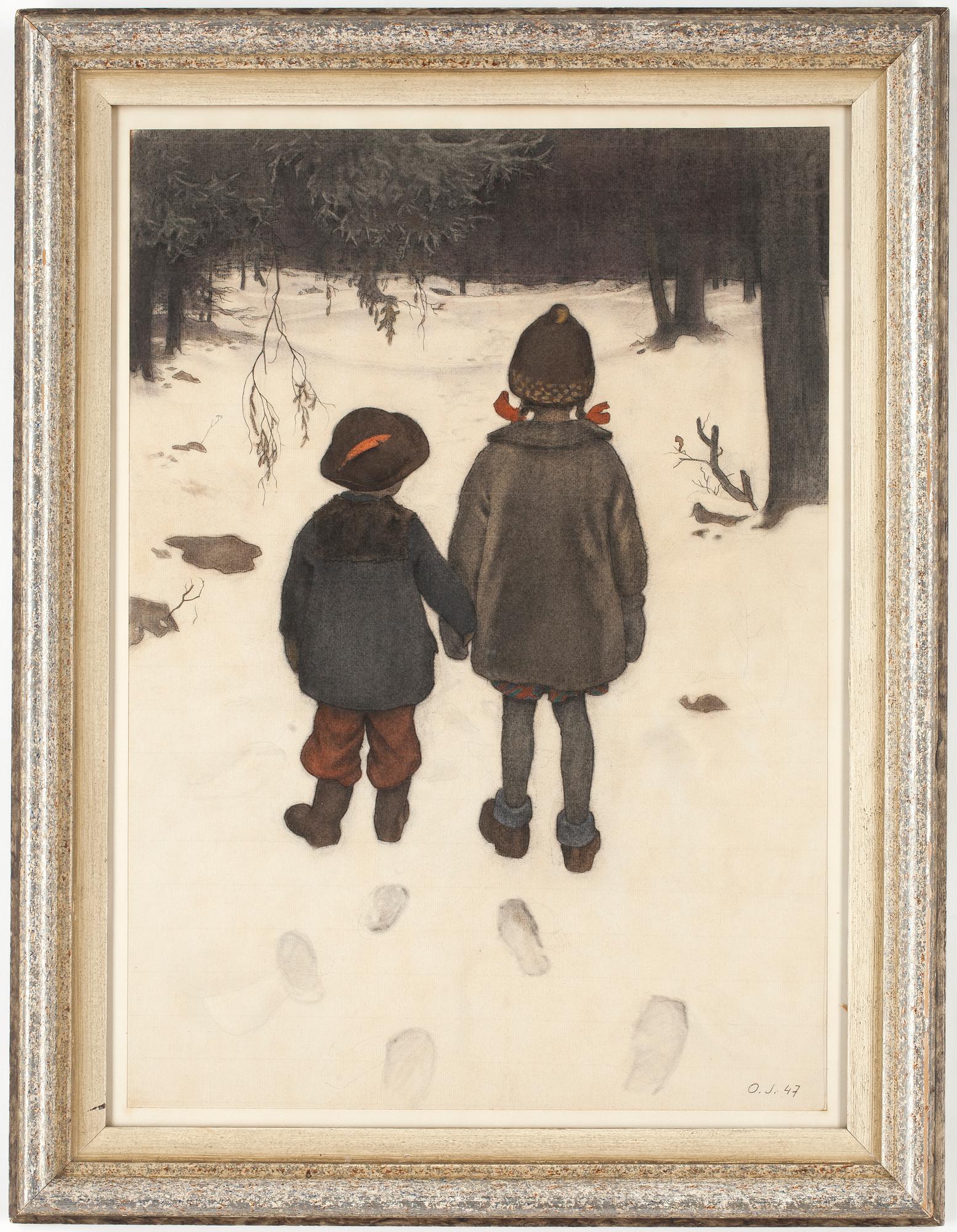 OKÄND KONSTNÄR, blandteknik. Signerad OJ och daterad 47.