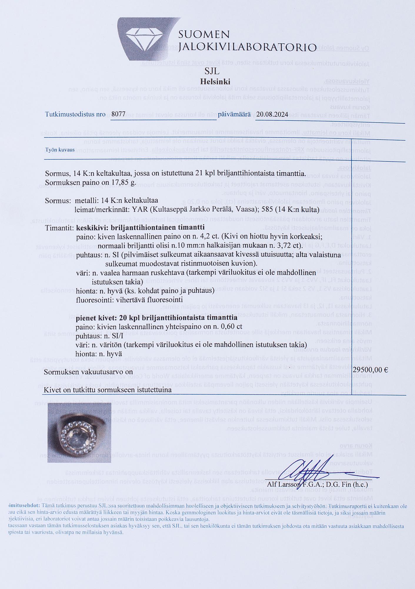 Ring, 14K guld, med briljantslipade diamanter totalt ca 4.80 ct. Jarkko Perälä, Vasa. Med SJL- intyg.