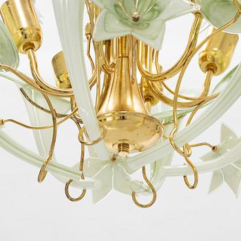 A glass and brass ceiling lamp, possibly Murano, Italy, 1970's/80's.